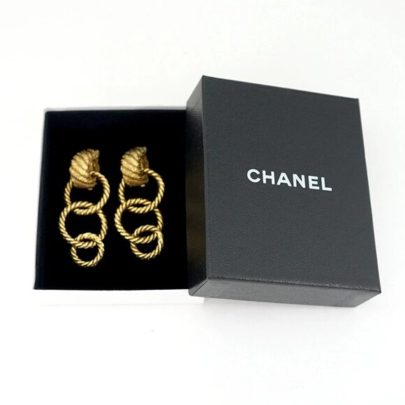 CHANEL Triple Hoop Drop Dangle Earrings Gold Tone 25 Auth w/Box l1043 - Picture 6 of 6